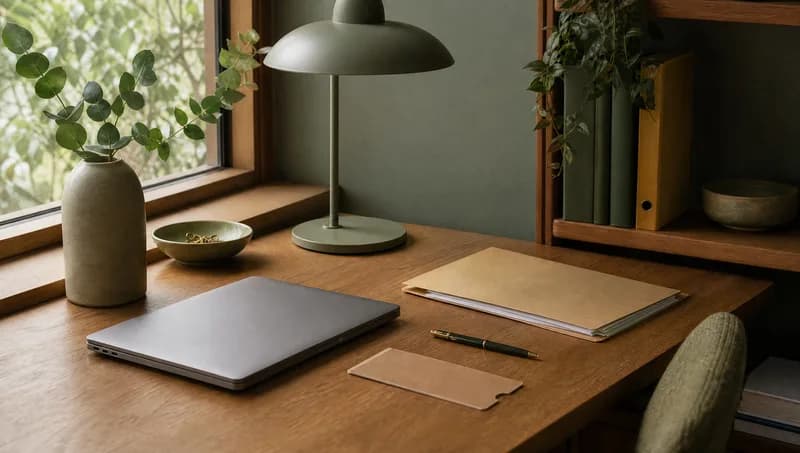 Folder of documents, a pen and a closed laptop on a tidy desk by a window