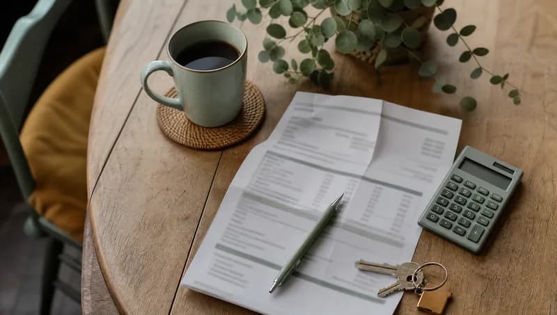 Blurred payslip, calculator and house keys on a kitchen table